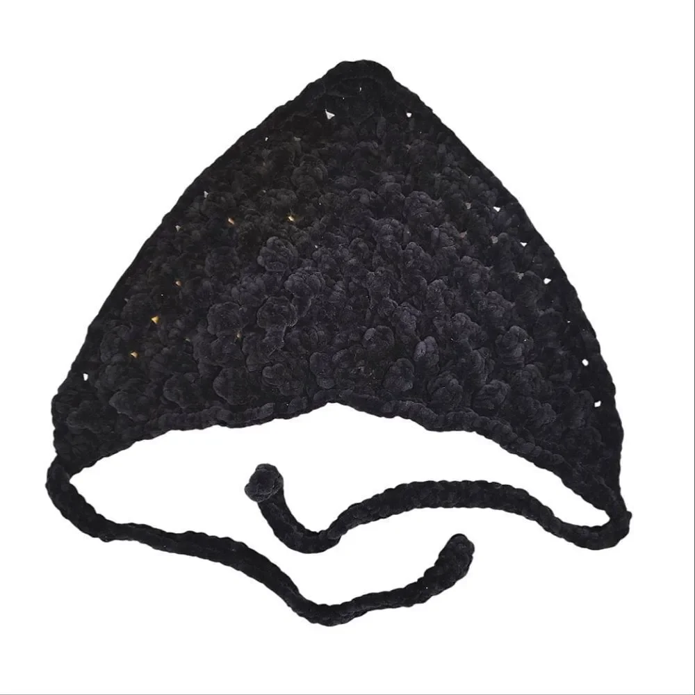 Handmade Black Chunky Wide‎ Yarn Crochet Head Scarf Bonnet NEW
